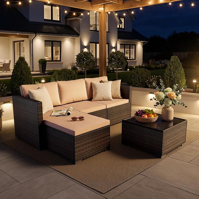 Patio Furniture Set - All-Weather -5 Piece Outdoor Patio Conversation Couch Sets, Modular Wicker Rattan Sectional Sofa for Garden, Patio, Poolside, Backyard, Balcony, Porch,Khaki