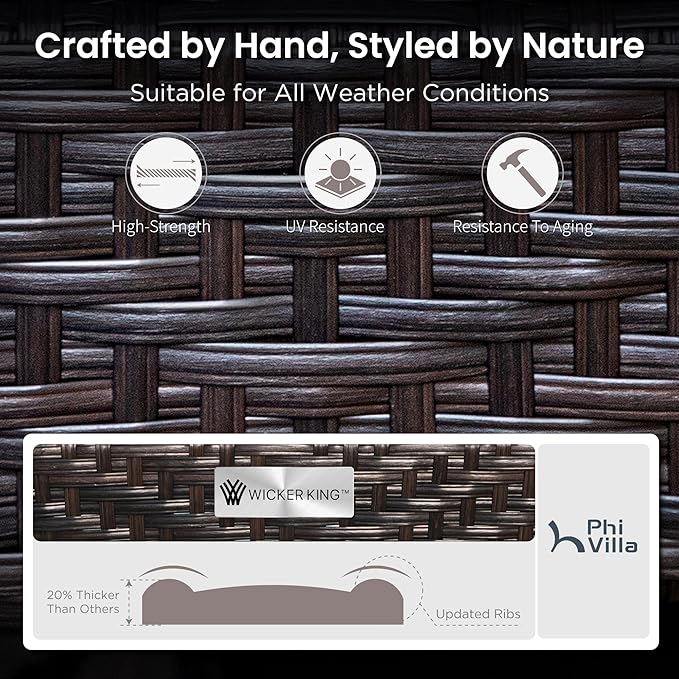 PHI VILLA Outdoor Modern Patio Furniture Set, Upgraded Wicker & Metal Patio Conversation Set with Waterproof Thick Cushions for Porch, Poolside, Yard(5 Pieces,Navy)