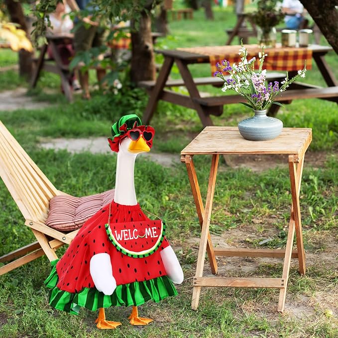 Summer Watermelon Porch Goose Outfits Summer Dress with Frilled Hat & Skirt Welcome Wooden Sign Fits 23" Cement Goose Statue Outdoor Garden Yard Patio Lawn Decor(Watermelon)