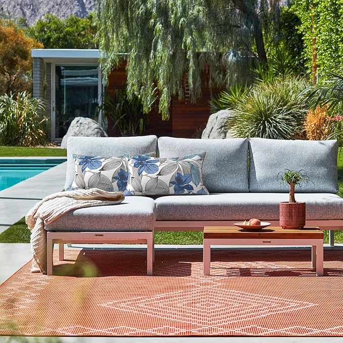 LVTXIII Set of 2 Outdoor Lumbar Pillows for Patio Furniture with White Piping, 12"x20" Fade Resistant Patio Lumbar Pillows with Inserts for Home Coach Sofa Use, Clemens Noir Blue