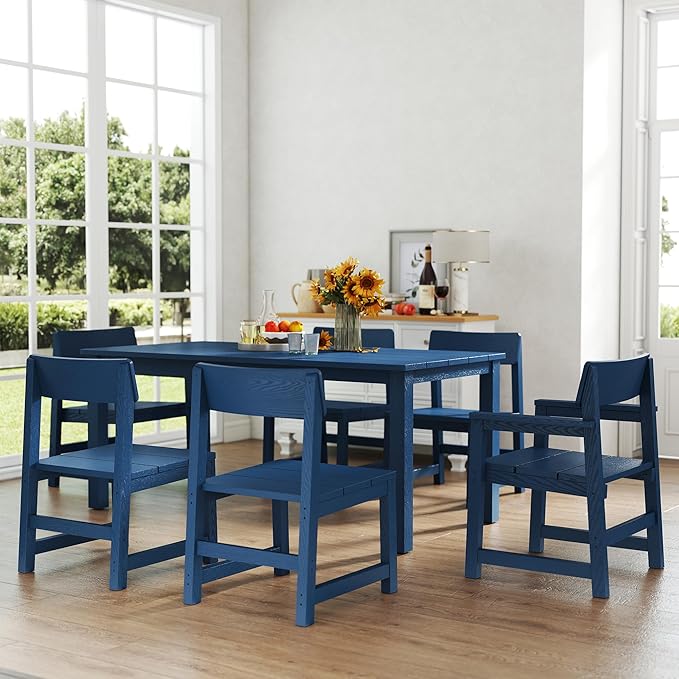 Jocoevol 7 Piece Outdoor Dining Table Set HIPS Patio Dining Sets with Umbrella Hole Outdoor Furniture for 6 All Weather Patio Furniture Set for Outside Deck Backyard Poolside Garden, Deep Blue