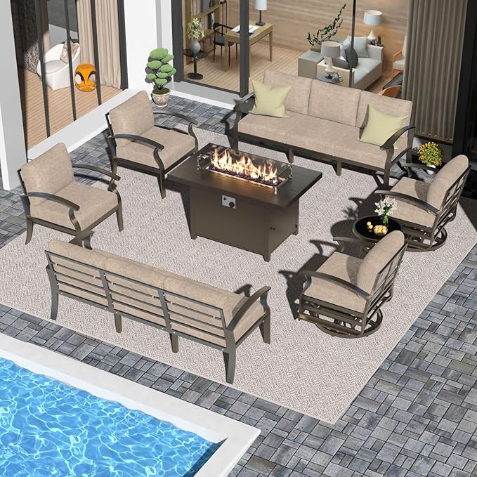 Aluminum Patio Furniture Set with 55,000 BTU Propane Fire Pit Table, 10 Seats Metal Modern Outdoor Furniture w/5.1" Cushions, Sectional w/Swivel Chairs for Backyard, Sand