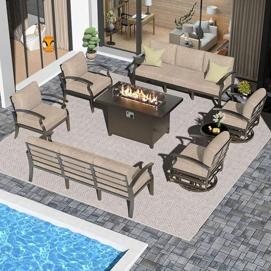 Aluminum Patio Furniture Set with 55,000 BTU Propane Fire Pit Table, 10 Seats Metal Modern Outdoor Furniture w/5.1" Cushions, Sectional w/Swivel Chairs for Backyard, Sand