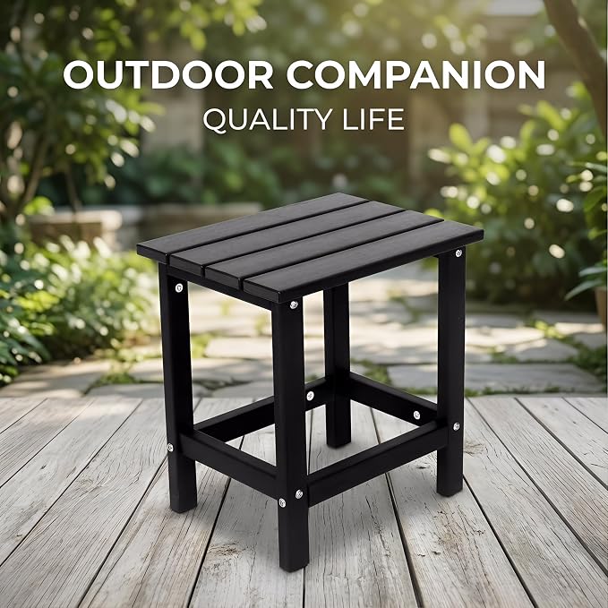 AMILY HDPE Outdoor Side Table, Weather Resistant Patio End Table, Heavy Duty Rectangle Side Table for Garden, Balcony, Poolside, Easy Assembly (Black)