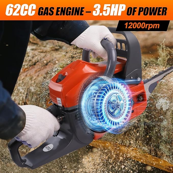 68CC Gas Powered Chainsaw 22 24 Inch Bar Chainsaws 2-Cycle Cordless Handheld Petrol Gasoline Chain Saw for Tree Felling Forestry Logging Backyard Storm Wood Cutting