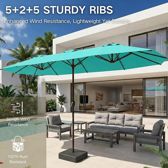Kingdura 15ft Large Patio Umbrella with Base Included, Double-Sided Rectangle Outdoor Table Umbrella with 12 Reinforced Ribs, Crank Lift for Market Pool Deck Backyard, Tiffany blue