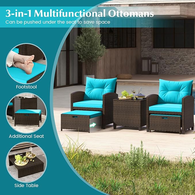COSTWAY 5-Piece Rattan Conversation Set, Outdoor Wicker Sofa, Tempered Glass Coffee Table & Ottomans for Small Space, Boho Chic Indoor/Outdoor Furniture Set for Poolside, Backyard, Deck (Turquoise)