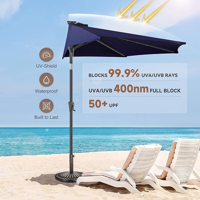 FLAME&SHADE 9 FT Solar Half Patio Umbrella with 25 LED Lights, Half Outdoor Umbrella with Button Tilt, Half Round Table Umbrella For Deck, Backyard, Balconies, Decks, Rvs, UV Protection (Navy Blue)