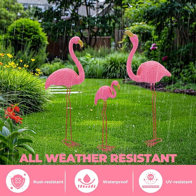 Ohuhu Family Flamingo Yard Ornaments, Set of 3 (32", 31", 19"), Pink | Metal Feet Stakes Bright Pink Flamingos Family, Garden Yard Patio Decoration, Great Party Decor Outdoor Gift