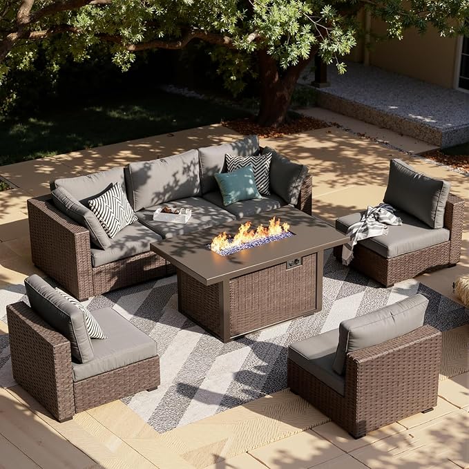 7-Pieces Patio Furniture Sets Outdoor Sectional Sofa with 44'' Propane Rattan Wicker Firepit Table, Patio Sectional Conversation Set with Cushions for Backyard, Poolside, Garden Grey