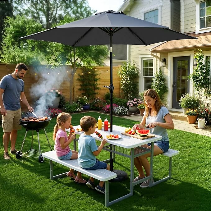 VINGLI 4.5ft Outdoor Picnic Table with Storage Shelf & 7.5 ft Umbrella, Wood Grain HDPE Top with Metal Frame Plastic Picnic Table for Dining Party Garden (White Table)