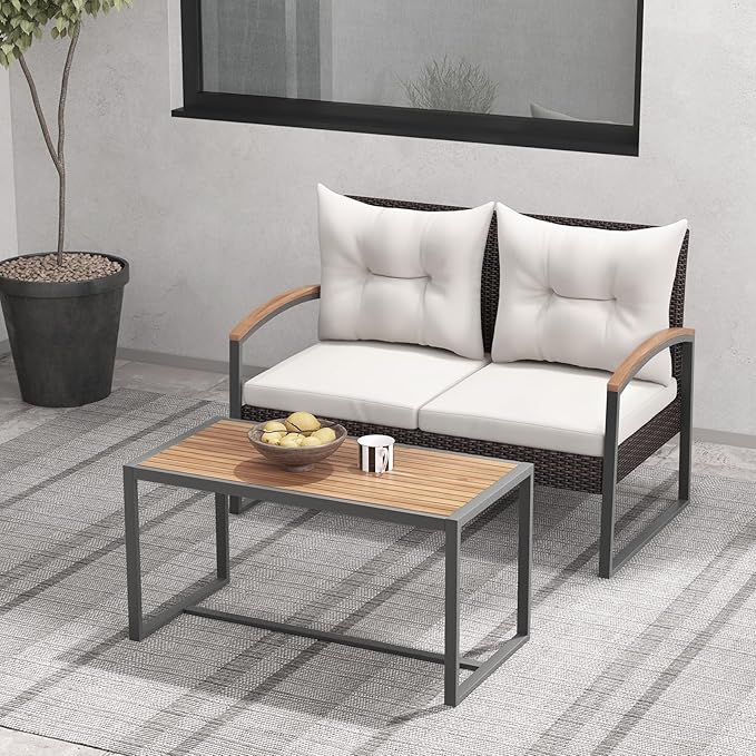 Tangkula 2 Pieces Patio Wicker Furniture Set, Heavy Duty Outdoor Cushioned Loveseat with Acacia Wood Coffee Table, for Backyard, Balcony, Deck and Poolside (Off White)