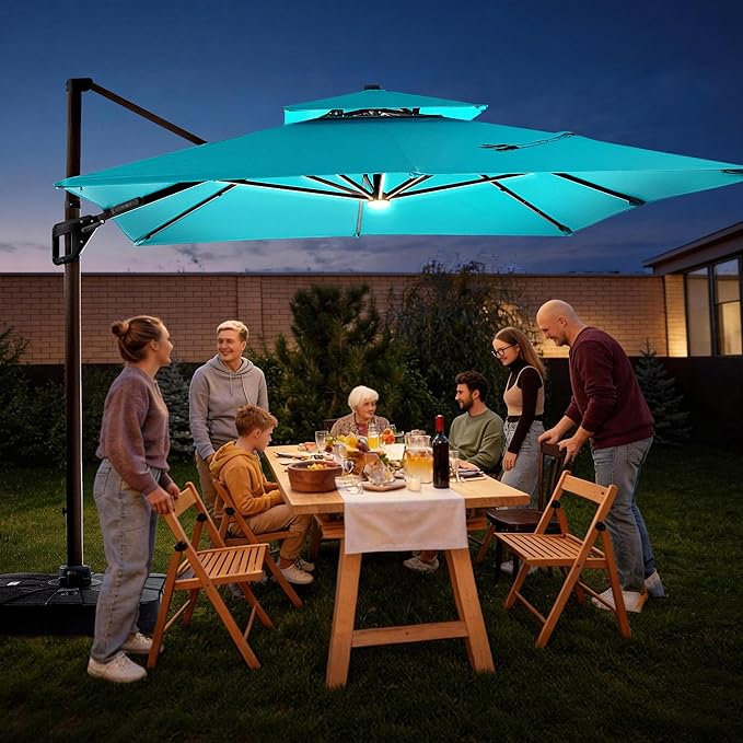 JZAC & QZYD 9x12 FT Outdoor Cantilever Patio Umbrella with Base Included and LED Lights, Large Heavy Duty 2-Tier Aluminum Offset Umbrellas with 360-Degree Rotation for Pool Deck, Turquoise