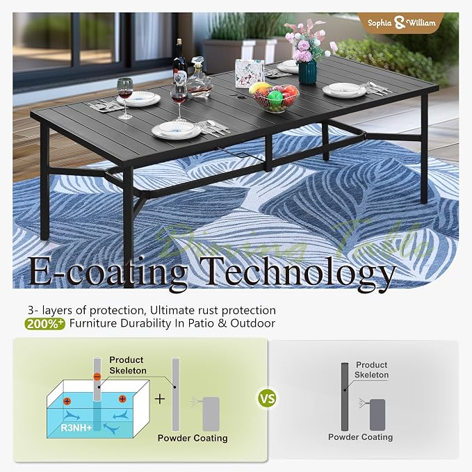 Sophia & William Patio Dining Set for 8 with Folding Chairs, Black | Light-weight & space-saving, Quick-drying, Rectangular, Umbrella Hole, Weather-Resistant, Adjustable, Outdoor deck