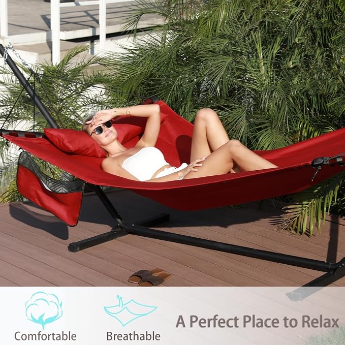 TegerDeger 12FT 2 Person Hammock with Stand Included 55 x 79IN Large Hammock 450LB Capacity with Hardwood Spreader Bar & Nylon Rope for Outside, Patio, Garden, Backyard, Beach - Deep Red