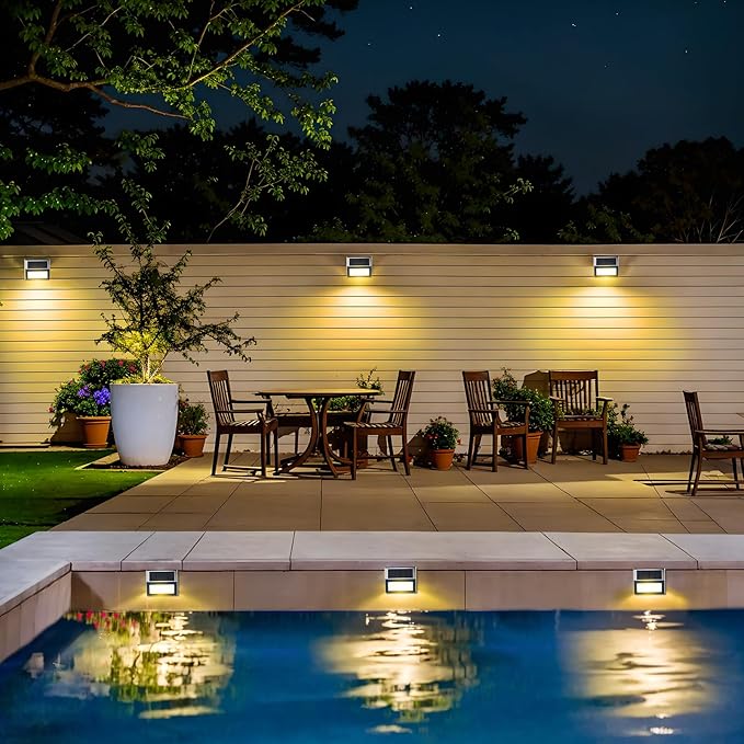 JSOT Solar Fence Lights - Solar Lights Outdoor Waterproof, Outdoor Light Deck Light for Outside Garden Backyard Patio Yard Wall Stair Step Post 3LED Lighting, Warm Light, 6 Pack