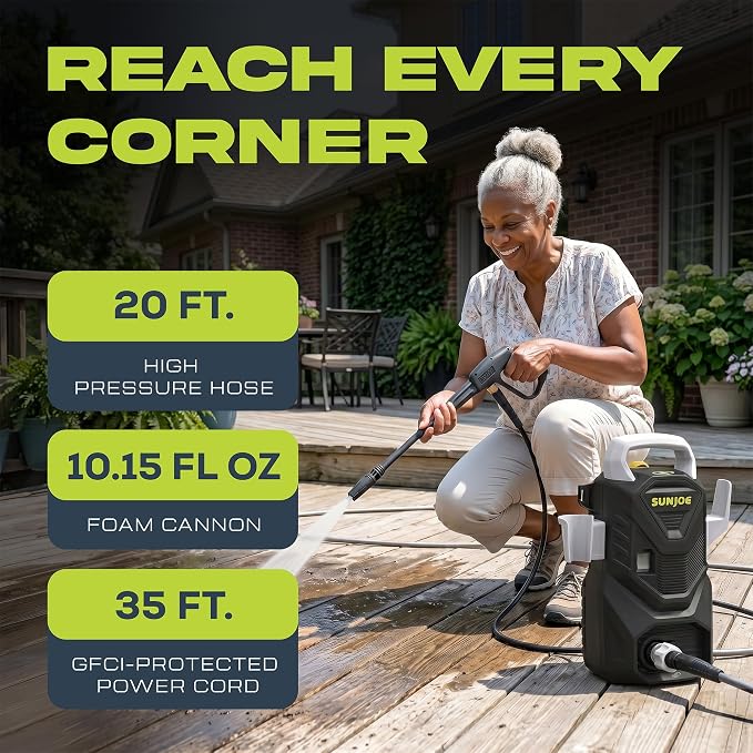 Sun Joe Electric Pressure Washer with Foam Cannon, Quick-Connect Nozzles,1500 PSI and 1.1 GPM, for Driveways, Decks, Siding, and Vehicles, SPX1500-Q