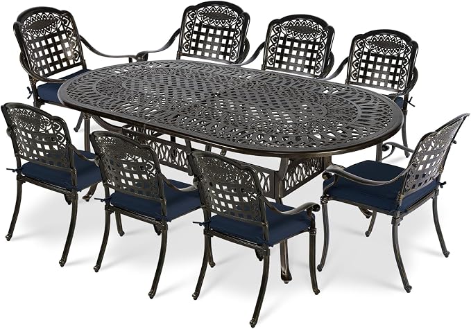 VIVIJASON 9-Piece Patio Furniture Dining Set, Rust-Free Cast Aluminum Outdoor Conversation Set, Include 8 Cushioned Chairs and an Oval Table with Umbrella Hole for Lawn Backyard, Navy Blue Cushion