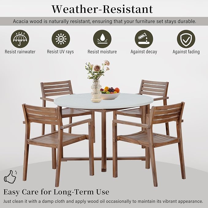 5-Piece Outdoor Patio Dining Set, All-Weather Acacia Wood 47.2" Round Dining Table with 4 Armchairs and Slatted Design for Backyard, Balcony, Garden, Poolside (Light Brown-4.11)