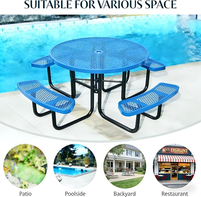 Garvee Heavy Duty Metal Picnic Tables for Outdoors with Umbrella Hole, 46" Round Top Patio Table Coated Steel Commercial Grade Furniture Set Weather & Rust Resistant (Expanded Steel, Blue)