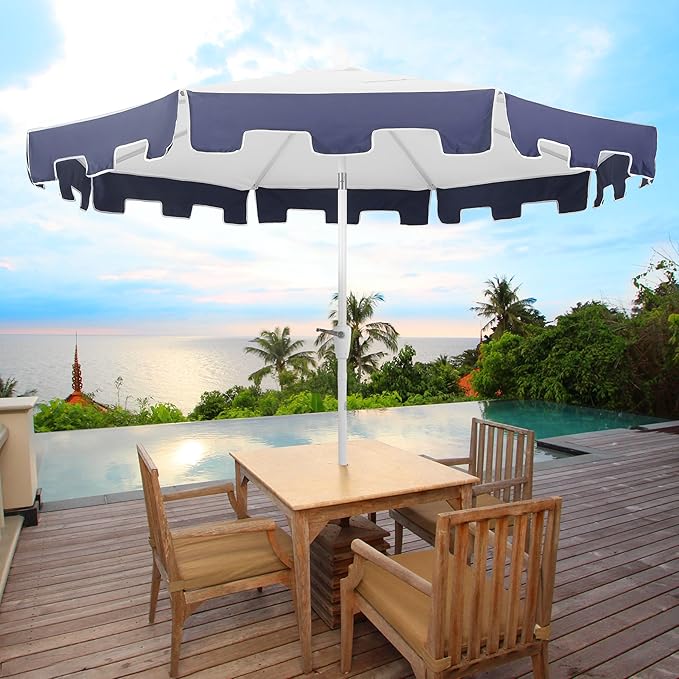 JONATHAN Y Baiona 9 ft. White/Navy Outdoor Patio Umbrella with Crank Lift and Tilt, 8 Ribs UV-Resistant Market Table Umbrella with Square Trim for Pool, Deck, Coastal, White Pole UMB1000A
