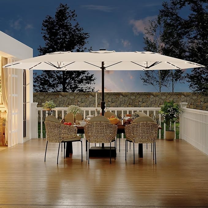 Garvee 15 ft Rectangular Patio Umbrella with Solar Lights & Base Included - Large Patio Umbrella with Crank Handle 36 LED Lights, UV Protection for Outdoor Market, Backyard, Deck, Pool, Beige