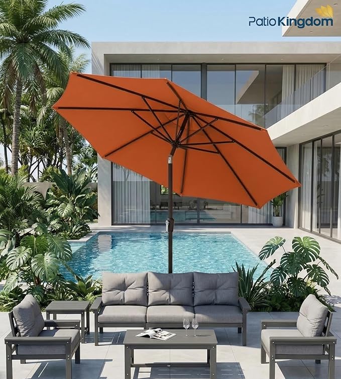 PatioKingdom 9FT Patio Outdoor Umbrella-UPF 50+ Sun Shade with Wind Vent, Push-Button Tilt & Smooth Crank Lift, Rust-Resistant Fiberglass Frame for Garden, Backyard,Yard (Orange)