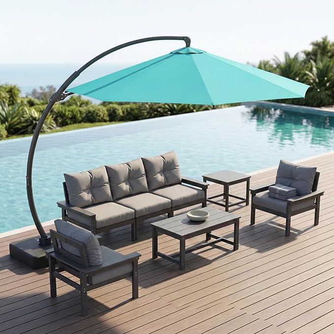 12 FT Cantilever Umbrella with Base Included, Large Round 360° Rotation Offset Umbrella Outdoor Patio, Heavy Duty Aluminum Frame, Sand-Weighted Stand, for Deck, Backyard, Pool, Garden (Teal)