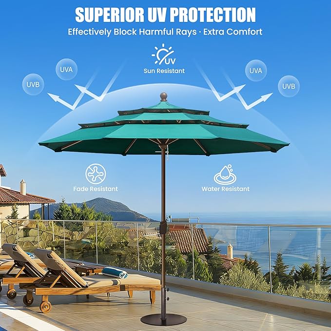 EliteShade USA 10-Year-Non-Fading 11ft 3-Tier Market Patio Umbrella, Commercial Grade Outdoor Table Umbrella with Crank Open, Windproof & UPF 50+ UV Protection, Heavy Duty Ventilation for Garden, Deck, Pool, Backyard, Beach & Bistro, No Tilt, Teal