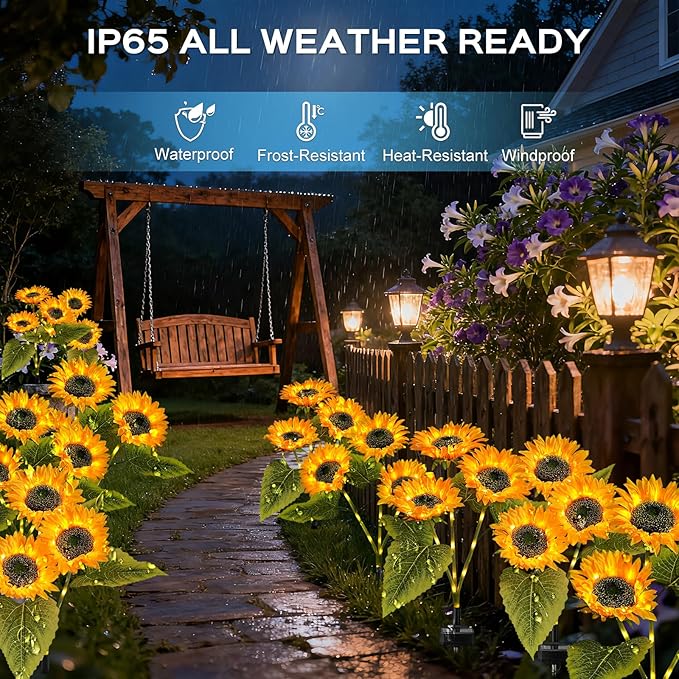 TANSOREN 3 Pack Solar Garden Lights Outdoor, 2 Lighting Modes Warm White LED Waterproof Solar Powered Sun Flowers Landscape Light for Outside Yard, Patio, Pathway Decorative, Décor, Gifts