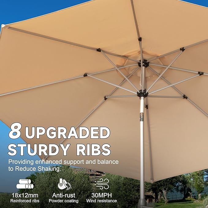 Domi 9FT Patio Umbrella Outdoor Market Umbrella with Silver Aluminum Pole, UV Resistant Canopy, Wind Vent, Tilt & Crank System, Perfect for Patio, Garden, Deck, Pool, Outdoor Dining, Beige