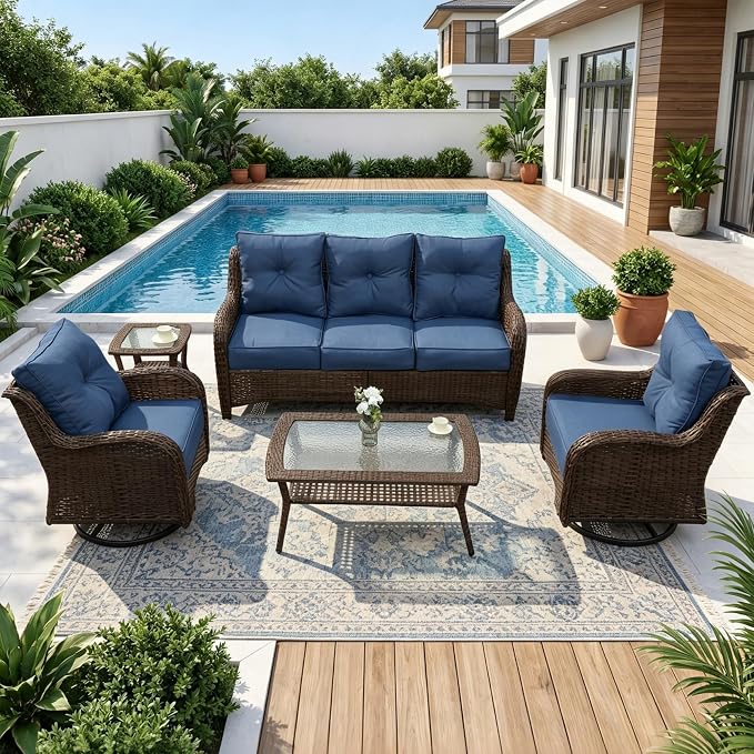 Luxury Patio Conversation Set, 5-Piece Ergonomic High Back Wicker Sofa&Swivel Chair Set with 6-Inch Deep Seating Cushions, Large Patio Furniture Set for Garden, Deck & Balcony, Navy Blue