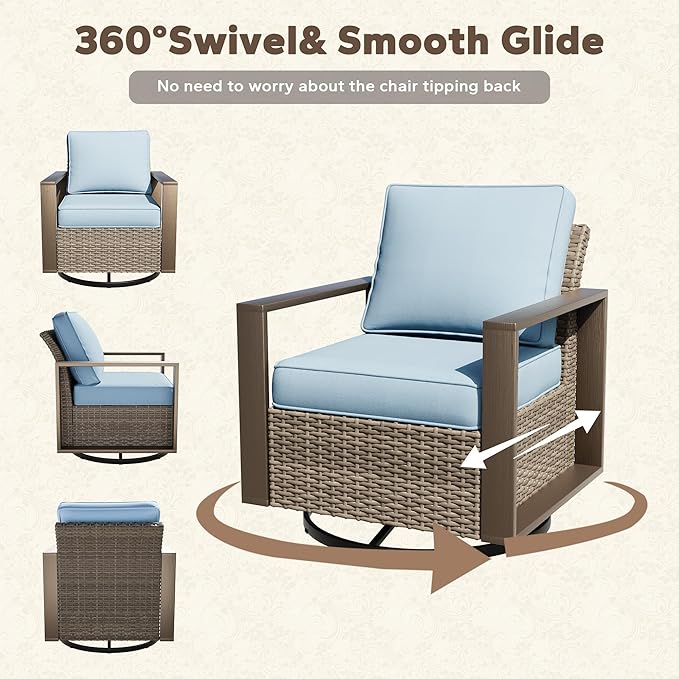 5 Pieces Metal Wicker Patio Furniture Set - 2 Swivel Rocker Chairs and 2 Ottomans, 1 Side Table, All Weather Rattan Outdoor Conversation Furniture with Washable Cushion for Deck Porch, Baby Blue