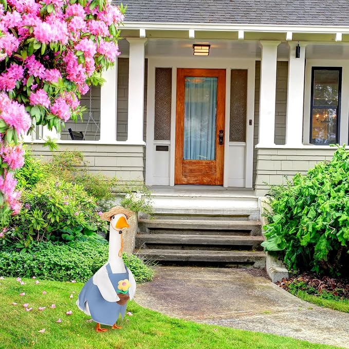 FuWeave Summer Porch Goose Outfit for 17" Blue Overalls Lawn Goose Costume Clothes for Outdoor Patio Yard Lawn Art Decoration