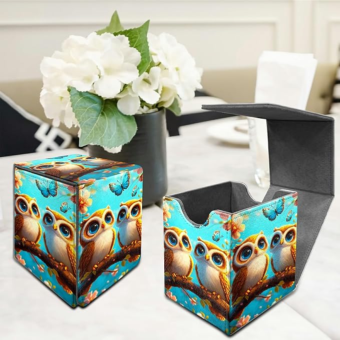 Deck Box for MTG, Cards Storage Box Fits 120+ Sleeved, Leather Medium Size Strong Magnetic Closing Card Case for Board Games Magic TCG CCG Baseball Collection, Owl Blue