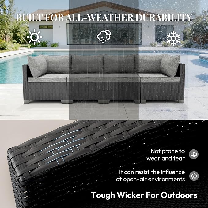 8 Piece Patio Furniture Set with 50000 BTU Fire Pit Table, Wicker Outdoor Patio Conversation Set with Propane Fire Pit, Waterproof Rattan Patio Couch Set for Backyard, Deck & Garden