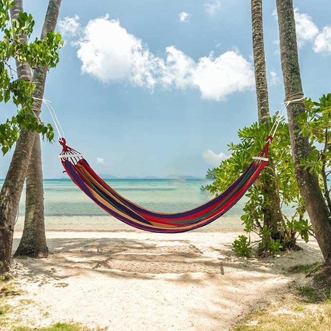 Heavy Duty Camping Hammock 200x80cm Thick Canvas Outdoor Tree Hanging Bed with Anti-tip Design Striped Pattern Single Hammock for Outdoor Rest and Travel