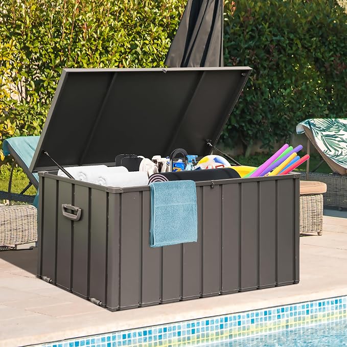 Domi Deck Box, 120 Gallon Outdoor Storage Box Large Metal Storage Cabinet Waterproof Lockable Container for Patio Furniture Cushions Garden Tools Pool-Supplies, Dark Grey