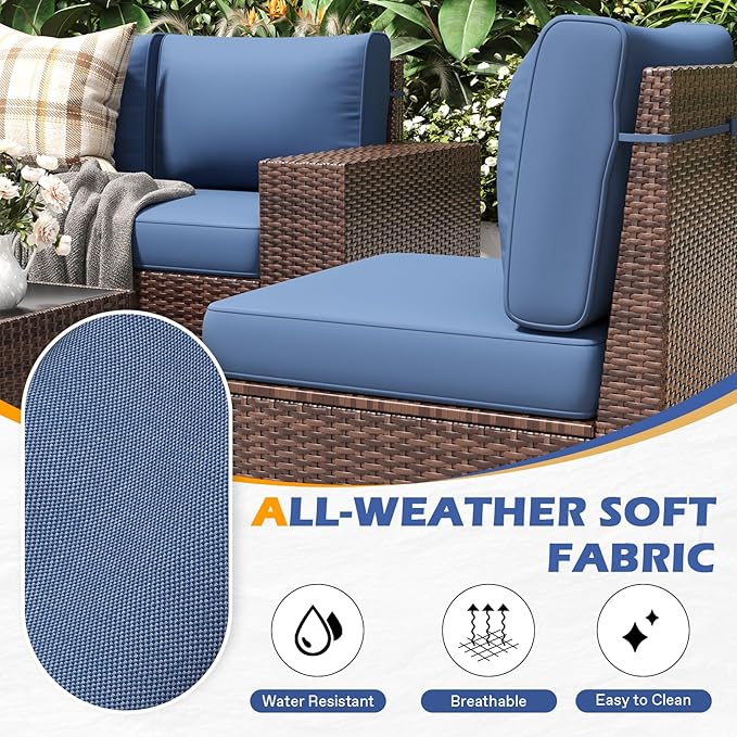 6 Pieces Outdoor Patio Furniture Set with Table Brown Rattan Sectional Sofa Conversation Sets for Balcony Lawn and Garden (Navy Blue, 6 pcs w/Table)