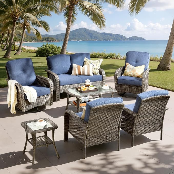 7-Piece Outdoor Patio Furniture Set with Swivel Chairs, Outdoor Conversation Wicker Sofa with Coffee Table, Rattan Couch for Deck Yard Poolside, Blue