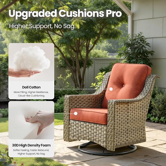 6 Piece Patio Furniture Set with Swivel Rocker Chairs, Outdoor Wicker High Back Sofa Glider Chair Ottoman with Cushion, All Weather Conversation Sets for Backyard Poolside Deck Bold Orange