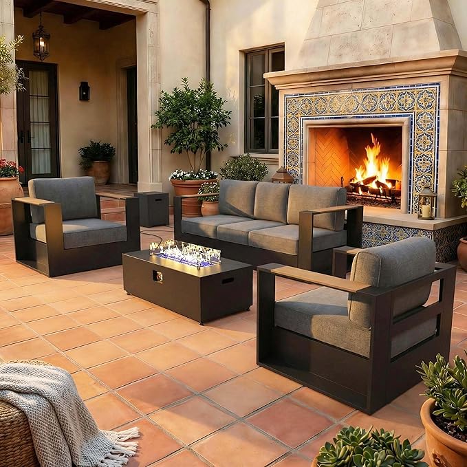 LayinSun 4 Pieces Aluminum Patio Furniture Set with Fire Pit Table, Oversized Outdoor Conversation Set 5 Seats with 6" Thick Cushions for Outside Porch, Balcony, Deck