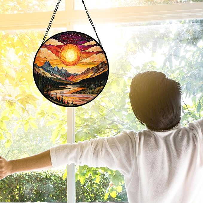 DASTOLL Stained Glass Window Hanging, Dusk Sunset Landscape Sun Catchers Glass Panel Lakes and Mountains Suncatcher Decor for Birthday for Women, Men, Wife, Aunt, and Mom 7.8 in