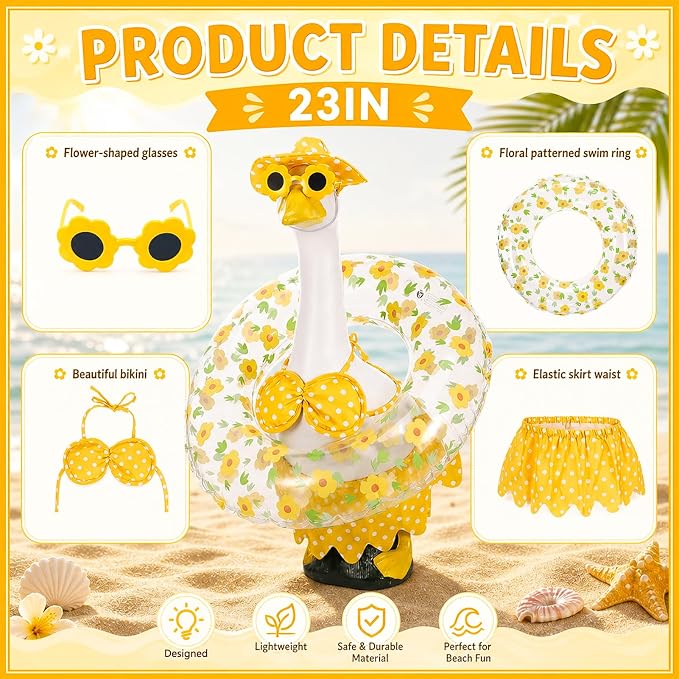 23 Inch Summer Porch Goose Outfit for Cement Goose Statue, Yellow | Summer Hawaiian Style, Bow, Sunglasses, Hat & Swim Ring, Fits 23 Inch Cement Goose, for Garden Patio Yard Outdoor Decor