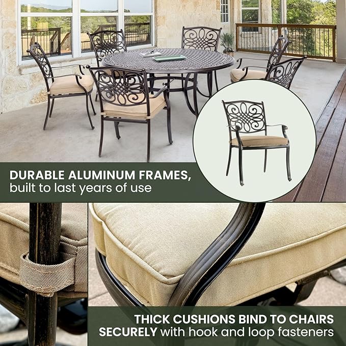 Hanover Traditions 7-Piece Outdoor Dining Set in Tan with Six Dining Chairs, Cushions and a 60 In. Round Cast-top Table, UV and Weather-Resistant, All-Weather Patio Dining Set for 6