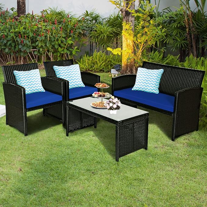 COSTWAY 4 Pieces Patio Rattan Furniture Set, Outdoor Wicker Conversation Set with Soft Cushions & Tempered Glass Coffee Table, Cushioned Chair Sofa for Backyard, Porch, Poolside, Lawn, Garden, Navy