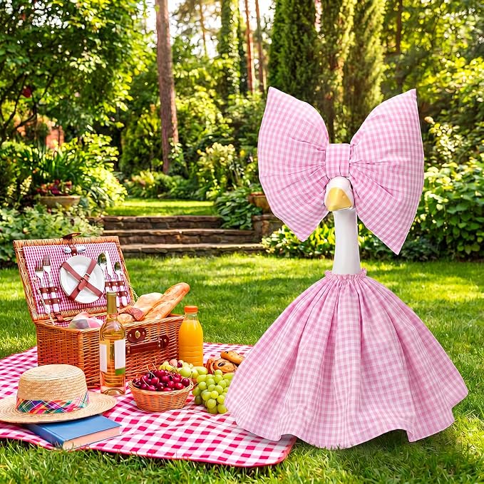 23 Inch Goose Outfit Pink Plaid Dress with Bow Garden Goose Clothes for Outdoor Lawn Yard Patio Courtyard Farmhouse Statue Decoration