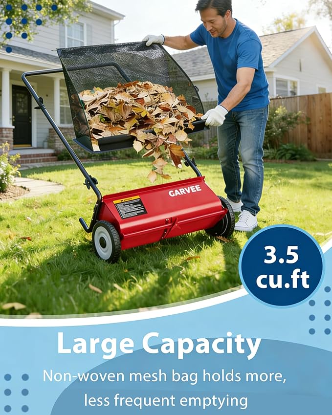 GarveeLife Push Lawn Sweeper, 21 Inch Extra-Wide 4-Brush System, 3.5 cu.ft. Mesh Bag, Heavy Duty Steel Frame, Height-Adjustable Yard & Garden Cleaner for Leaves and Grass, Red
