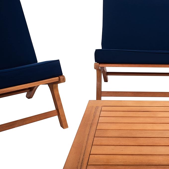SAFAVIEH Outdoor Collection Chaston Natural Wood/Navy Cushion 4-Piece Conversation Patio Set