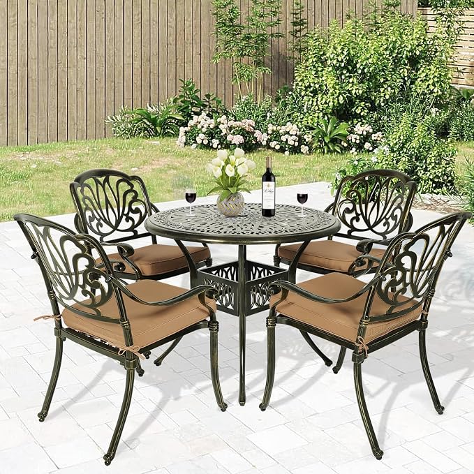 MEETWARM 5 Piece Patio Dining Set, Outdoor All-Weather Cast Aluminum Dining Table Set, Patio Furniture Set for Backyard Garden Deck, Include 4 Chairs, 4 Cushions and 1 Round Table with Umbrella Hole